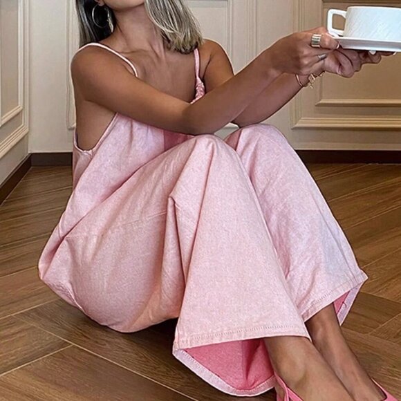 Pants - Pink Casual Women's Sleeveless Jumpsuit With Pockets